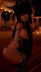 back bangs bending_over big_breasts bikini bikini_bottom bikini_top black_hair boobs boots breasts catgirl chains collar crouching cute demon_horns elf_ears face_markings glowing_eyes harness horny horny_female leash lip_piercing long_hair nose_piercing orange_eyes pose posing red_nails ring rings shy smooth_skin spiked_collar spikes straps submissive submissive_female tan_body tan_skin thigh_boots two-piece_swimsuit vrchat vrchat_avatar waving yellow_eyes