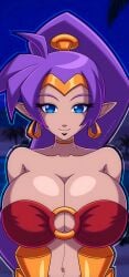 1girls 2026 2d 2d_(artwork) 2d_artwork big_breasts blue_eyes breasts dark-skinned_female dark_skin earrings eyelashes female gold_(metal) gold_jewelry hi_res highres long_hair o-ring o-ring_bikini purple_hair rockmangrave shantae shantae_(character) spiky_ears tiara tied_hair wayforward