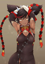 :p absurdres armpit_hair armpits arms_behind_head arms_up black_dress black_hair breasts dark-skinned_female dark_skin detached_sleeves dress female genshin_impact hair_ornament half-closed_eyes highres long_sleeves looking_at_viewer milele multicolored_hair no_panties presenting_armpit pubic_hair pubic_hair_peek red_eyes red_hair short_twintails sleeveless sleeveless_dress solo spikes steam steaming_body streaked_hair tongue tongue_out twintails xinyan_(genshin_impact)