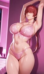 1girl ai_generated big_tits bra king_of_fighters kofwaifus light-skinned_female light_skin lingerie pale-skinned_female pale_skin panties pink_lingerie red_hair room shermie_(kof) thick white_skin