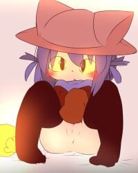 1girl blue_hair cat_ears catgirl curious minimal_clothing pussy spreading_legs tight_pussy yellow_eyes young