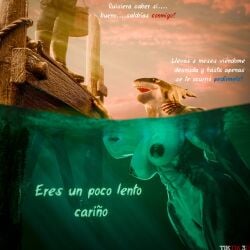 1boy 1girls 3d abs anthro big_breasts breasts casual_nudity muscular muscular_female nipples original original_character pussy shark shark_girl shark_humanoid shark_tail spanish_text submerged text tiktik3d water