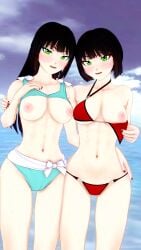 beach bikini black_hair breasts green_eyes koikatsu long_hair melanie_malachite miltiades_malachite nipples ocean perfect_idiot rwby short_hair sisters twins