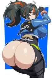 1girl ass ass_focus blue_background blue_jacket breasts capikeeta cropped_jacket from_behind gloves high-waist_pants highres huge_ass jacket large_breasts looking_at_viewer multicolored_hair pants police police_uniform policewoman ponytail red_eyes shiny_skin simple_background smirk solo sweatdrop torn_clothes torn_pants zenless_zone_zero zhu_yuan