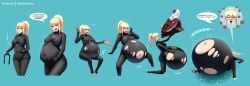 1girls about_to_burst belly_button belly_expansion belly_inflation big_belly black_bodysuit black_suit blonde_hair breasts darkness_(konosuba) expansion female female_only huge_belly inflation kono_subarashii_sekai_ni_shukufuku_wo! metalforever navel overstuffed ready_to_pop ripped_bodysuit ripped_clothes ripped_clothing