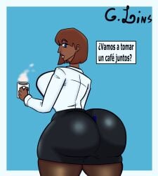 argentina between_ass between_buttocks big_ass big_breasts big_lips brown_hair brown_skin bubble_butt coffee coffee_mug g.lins latina latina_female looking_at_viewer oc pov secretary smiling_at_viewer spanish_text work_uniform workplace