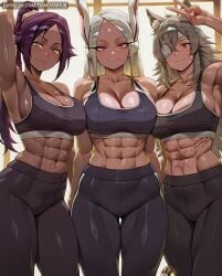 3girls abs ai_generated animal_ear_fluff animal_ears arm_behind_head arm_up armpits ass_visible_through_thighs bangs bare_shoulders black_pants black_sports_bra bleach bleach:_the_thousand-year_blood_war blush boku_no_hero_academia breasts cat_ears cleavage closed_mouth collarbone cowboy_shot crossed_bangs crossover dandanhub dark-skinned_female dark_skin eyepatch ghislaine_dedoldia grey_hair hair_between_eyes large_breasts long_eyelashes long_hair looking_at_viewer midriff mirko miruko multiple_crossover multiple_girls muscular muscular_female mushoku_tensei navel obliques pants parted_bangs ponytail purple_hair rabbit_ears rabbit_girl red_eyes rumi_usagiyama scar scar_on_arm scar_on_cheek scar_on_face scar_on_stomach shihouin_yoruichi shiny shiny_skin sidelocks smile sports_bra standing sweat tail thick_thighs thigh_gap thighs trait_connection usagiyama_rumi v white_hair yellow_eyes yoga_pants yoruichi_shihouin