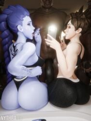 2girls 3boys 3d ass ass_focus before_sex big_ass blender blizzard_entertainment clothed dark-skinned_male gym gym_clothes huge_ass imminent_sex interracial overwatch overwatch_2 selfie teasing_viewer tracer widowmaker