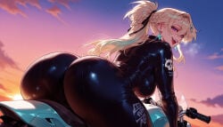 1girl 1girls ai_generated ass ass_focus balecxi biker_clothes bikesuit black_bodysuit blonde_hair bodysuit braid breasts clothing cloud curvaceous curvaceous_female curvaceous_figure curvy curvy_figure dusk earrings female female_focus from_behind gradient_sky hair_ornament hair_ribbon hairclip huge_ass inviting inviting_to_sex jewelry large_breasts long_hair looking_at_viewer looking_back lynae_(wuthering_waves) motor_vehicle motorcycle on_motorcycle open_mouth outdoors ponytail presenting presenting_ass presenting_hindquarters presenting_self purple_eyes ribbon seductive seductive_look seductive_smile skin_tight sky smile solo sunset teeth thick_thighs thighs tongue voluptuous voluptuous_female wuthering_waves