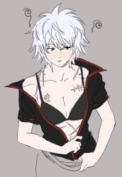 black_bra blush bra canon_genderswap cleavage colored_sketch female female_only genderswap_(mtf) ginko_sakata gintama gintoki_sakata open_shirt pale-skinned_female pale_skin rule_63 scars scars_all_over short_hair sketch solo white_hair
