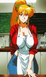 1girl 1girls ai_generated apron big_breasts blonde_hair gigantic_breasts gloves green_ribbon hood jeans mega_man pale_skin ponytail red_eyes red_hoodie ribbon rockman roll roll_(mega_man) smile smile_at_viewer smiling smiling_at_viewer tied_hair tied_shirt unzipped_hoodie white_apron white_skin wide_hips