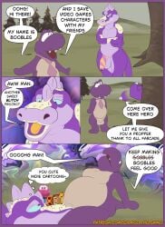 2boys artist_request blowjob chimptopia color comic dialogue dominant_male english_text gameoverse gobbles_(gameoverse) kit_(gameoverse) kit_bodega male male_focus male_only maledom malesub on_floor on_ground on_knees open_eyes oral plushie submissive_male text twitter_link
