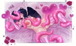 1girl ass ass_visible_through_thighs black_hair black_wings heart_symbol hearts kissing_tentacle klowoff large_breasts latex_gloves latex_legwear mostly_nude oc on_bed pink_tentacles raven_girl sound_effects tentacle tentacle_sex two-tone_hair vaginal_fluids vaginal_penetration vevela_ignis wet_pussy wings