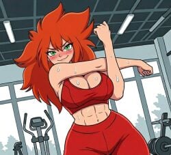 1girl 1girls abs ai_generated blush cleavage exercise exercise_equipment female female_focus female_only gym gym_clothes gym_clothing gym_equipment looking_at_viewer muscular muscular_woman nomad_of_nowhere red_hair red_sports_bra red_yoga_pants rooster_teeth skout smile smirk solo solo_female solo_focus sports_bra standing stretching stretching_arms sweat sweating sweaty sweaty_arms sweaty_body sweaty_breasts sweaty_stomach working_out workout workout_clothes workout_clothing workout_equipment workout_outfit yoga_pants zupern0va_(manipper)