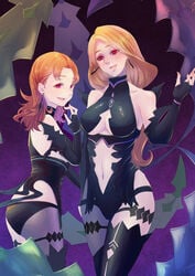 2girls annette_fantine_dominic black_gloves blonde_hair breasts center_opening corruption cosplay earrings evil_grin evil_smile female female_only fingerless_gloves fire_emblem fire_emblem:_three_houses from_side gloves green_eyes highres jewelry kronya_(fire_emblem) kronya_(fire_emblem)_(cosplay) long_hair looking_to_the_side mercedes_von_martritz multiple_girls navel nintendo open_mouth orange_hair red_eyes riou_(pooh920) smile underboob