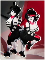 3d 3d_art 3d_render ass_sandwich beret bonbon_(derpixon) butt_press buttocks chuchu_(derpixon) derpixon explicit female glasses gloves group highres huge_ass large_ass makeup mime mime_and_dash multi_character red_gloves sandwiched squish striped_shirt striped_sleeves sunglasses visiuun