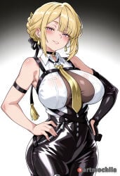 1girl ai_generated anime artmochiia bangs bare_shoulders big_breasts black_choker black_gloves blonde_hair blush braid breasts choker collared_shirt cowboy_shot curvaceous curvaceous_female curvaceous_figure curvy curvy_figure earrings elbow_gloves evelyn_chevalier fanart female female_focus gloves gradient_background hair_bun hair_ribbon hands_on_hips harness large_breasts latex looking_at_viewer necktie parted_lips purple_eyes ribbon shirt sleeveless smile solo sweat uncensored voluptuous voluptuous_female zenless_zone_zero