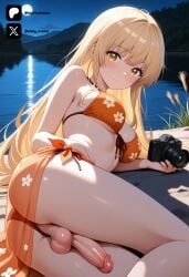 1futa 1girl ai_generated anus anus_focus ass ass_focus back_view backsack bare_shoulders beach bikini blonde_hair blush breasts camera closed_mouth cock colored dick erection floral_print from_side front-tie_bikini_top front-tie_top full_moon futa_only futanari futanari/female futanarization halterneck holding holding_camera lake light_skin light_skinned_futanari long_hair looking_at_viewer lying lying_down medium_breasts moon newhalf nickythecreator night night_sky on_side orange_bikini otonari_no_tenshi-sama_ni_itsu_no_mani_ka_dame_ningen_ni_sarete_ita_ken outdoors penis red_bikini sarong sexy sexy_body sexy_pose shiina_mahiru side-tie_bikini_bottom side_view sky solo string_bikini swimsuit testicles the_angel_next_door_spoils_me_rotten thighs tits tucked_penis uncensored underboob veiny_penis water yellow_eyes