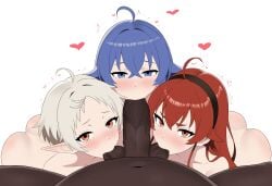 3girls blue_eyes blue_hair blush collaborative_fellatio cuckold cuckolding dark-skinned_male eris_greyrat eye_contact fat_male fellatio hearts interracial looking_at_viewer lord_dante lorddantesito mushoku_tensei netorare ntr pov pov_eye_contact red_eyes red_hair roxy_migurdia saliva sucking_balls sucking_penis sucking_testicles sylphiette_(mushoku_tensei) tagme threesome white_background white_hair