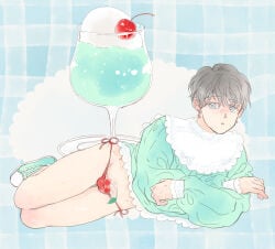 1boy :o bare_legs bib_collar blue_background blue_eyes censored cherry commentary_request crossdressing crossdressing_(mtf) crossed_arms cup drink earrings food fruit full_body green_shirt green_shoes grey_hair half-erect invisible_floor jewelry legs_together lemicon long_sleeves lying male_focus novelty_censor on_side original oversized_object panties parted_lips penis penis_out plaid_background puffy_long_sleeves puffy_sleeves red_panties shirt shoes short_hair side-tie_panties sleeves_past_wrists sneakers solo thigh_gap thong underwear very_short_hair