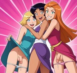 3futas ai_generated alex_(totally_spies) black_hair blonde_hair boobly bottomless clover_(totally_spies) dress dress_lift flaccid futanari green_eyes intersex long_hair orange_hair sam_(totally_spies) short_hair standing totally_spies