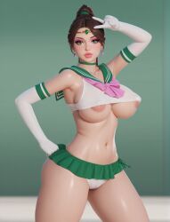 1girls ai_assisted ai_generated areola_peek belly_button bikini_skirt bishoujo_senshi_sailor_moon bow_accessory bow_ribbon brunette_hair choker circlet earrings eyebrows_visible_through_hair eyelashes eyeshadow female female_only green_background green_eyes hair_strand hair_tie hourglass_figure large_breasts light-skinned_female lipstick long_gloves looking_at_viewer microskirt midriff narrow_waist pink_eyeshadow ponytail pose revealing_clothes rgomez007 sailor_collar sailor_jupiter_(cosplay) sailor_uniform self_upload simple_background skimpy skimpy_clothes sleeveless solo_female stable_diffusion standing thick_eyelashes thick_lips thick_thighs tied_hair underboob updo victory_pose wide_hips