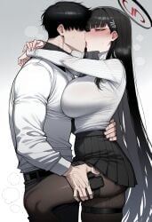 1boy 1girl ai_generated arms_around_neck black_clothes black_hair black_legwear black_pantyhose black_skirt blue_archive blunt_bangs blush breasts clothing couple ear_blush faceless faceless_male female french_kiss from_side gradient_background hair_ornament hairclip halo hand_on_another's_hip hand_on_another's_thigh hand_on_another's_waist hetero holster holstered hug huge_breasts kiss large_breasts leg_lift long_hair long_sleeves male nyanclaire pants pantyhose pleated_skirt red_eyes ribbed_sweater rio_(blue_archive) rio_tsukatsuki_(blue_archive) saliva shirt shirt_tucked_in short_hair simple_background skirt standing steam steaming_body sweat sweater thigh_holster thigh_strap tongue tongue_out tsukatsuki_rio turtleneck turtleneck_sweater veins very_long_hair white_shirt white_sweater