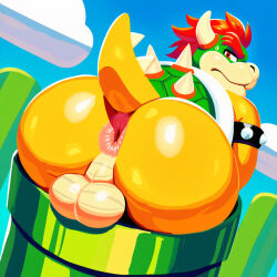 1boy ai_generated anthro anus ass ass_focus balls big_ass bowser clouds collar dumptruck_ass enormous_ass fat_ass firstlasttrash furry furry_male furry_only genitals gigantic_ass green_pipe hair horns huge_ass koopa large_ass looking_back male male_only mario_(series) mature mature_male nintendo outdoors pink_anus red_eyes red_hair reptile scalie shell short_hair solo solo_focus solo_male tail testicles thick_ass turtle yellow_skin