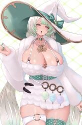 breasts cleavage green_hair grey_hair hat huge_breasts kangaruu_(momotk1109) long_hair long_sleeves necklace o-ring original pink_eyes streaked_hair witch_hat