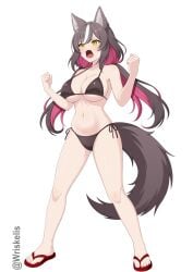 1girl 1girls absurdres animal_ears big_breasts bikini black_bikini breasts brown_hair chisaka_airi clenched_hands female highres multicolored_hair navel open_mouth phase_connect pink_hair red_sandals sandals solo stomach swimsuit tail tits twitter_username virtual_youtuber vtuber white_hair wolf_ears wolf_girl wolf_tail wriskelis yellow_eyes