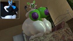 2girls 3d 3d_(artwork) animatronic anthro big_breasts bigger_female breast_focus breasts female five_nights_at_freddy's furry huge_breasts hyper larger_female lips lipstick looking_at_viewer on_bed robot solo source_filmmaker tight_clothing tyranfox_(artist)