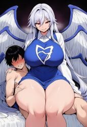 ai_generated big_ass evil_smile implied_penetration implied_sex large_breasts larger_female naked_male red_eyes sariel_(touhou) self_upload sitting_on_lap sitting_on_penis size_difference taller_female thick_thighs thigh_grab touhou touhou_(pc-98)
