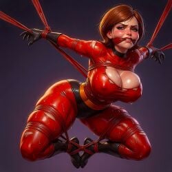 ai_generated bondage captured_heroine erect_nipples_under_clothes helen_parr huge_breasts latex_bodysuit looking_at_viewer rope_bondage suspension_bondage the_incredibles thighs torn_bodysuit