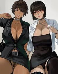 2girls cleavage glasses leopard_print office_lady ongjolpark panties pink_lipstick pink_nail_polish pink_nails pixie_cut short_hair upskirt