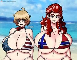 2girls american_female beach bikini coloredyiddies norwegian_female summer thong_bikini voluptuous_female