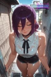 1girl ahegao ai_generated ass black_pantyhose bomb_devil bomb_devil_(chainsaw_man) breasts chainsaw_man collar completely_nude deurahh green_eyes highres imminent_anal imminent_fellatio imminent_oral imminent_orgasm imminent_penetration imminent_sex large_breasts leash lingerie looking_at_viewer naked_ribbon nipples no_panties nude pantyhose purple_hair pussy reze_(chainsaw_man) school_uniform short_hair smile solo stable_diffusion thighs torn_clothes