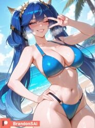 1girl ai ai_art ai_assisted ai_generated artist_name bare_arms bare_shoulders beach big_ass big_breasts big_thighs bikini blue blue_bikini blue_eyes blue_sky blush brandonsai breasts busty busty_female cleavage cloud collarbone curvy curvy_body curvy_female curvy_figure day female female_focus grin hair hair_ornament halterneck hand_on_own_hip hand_up heavy_breathing highleg highleg_bikini hourglass_figure hourglass_figured_female huge_breasts iuno_(wuthering_waves) large_breasts large_thighs long_hair looking_at_viewer navel o-ring ocean one_eye_closed outdoors palm_tree patreon patreon_logo patreon_username pov sky smile solo stomach swimsuit teeth thighs tree twintails v v_over_eye very_long_hair water watermark wet wuthering_waves