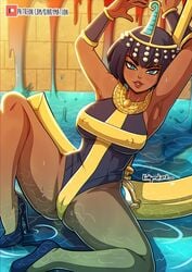 1girls armpits arms_up bob_cut brown_hair dark-skinned_female dark_skin egyptian eliza_(skullgirls) good_artwork heels high_heels kinkymation lab_zero_games one-piece_swimsuit skullgirls solo spread_legs swimsuit wet