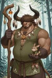 ai_generated anzor_(drunken_tales) big_belly bull drunken_tales hair_over_eyes lord_sarloc minotaur muscular pukijr