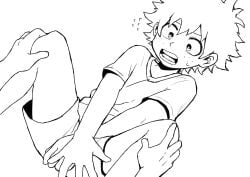 2boys boku_no_hero_academia bones_(company) casual covering covering_penis covering_privates freckles grabbing_another's_leg grabbing_another's_legs grabbing_leg inminent_sex izuku_midoriya knees legs looking_down lying messy_hair midoriya_izuku my_hero_academia nervou open_mouth pov shirt shorts shounen_jump spread_legs sweat sweatdrop white_background yaoi