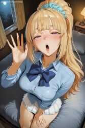 1girl ai_generated bangs blonde_hair blue_bow blue_scrunchie blue_shirt blush bow bowtie breasts classroom_of_the_elite eyebrows_visible_through_hair gyaru hair_ornament hair_scrunchie hi_res high_quality high_resolution indoors karuizawa_kei large_breasts long_hair looking_at_viewer night open_mouth patreon pleated_skirt purple_eyes savvyraexo school_uniform scrunchie seductive sexy shirt sitting skirt solo uncensored watermark white_skirt window