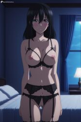 1girl ai_generated ass_visible_through_thighs bed bedroom black_bra black_hair black_panties black_thighhighs blush bra breasts brown_eyes closed_mouth collarbone cowboy_shot crotchless crotchless_panties cupless_bra curtains digitalwaifugallery full_moon garter_belt hair_between_eyes hi_res high_quality high_resolution himeragi_yukina indoors lamp lingerie long_hair looking_at_viewer medium_breasts moon navel night night_sky nipples on_bed panties patreon pillow pussy seductive sexy sky solo standing thighhighs uncensored underwear underwear_only watermark window