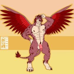 1:1 abs anthro balls brown_eyes claws cruz_(elena_of_avalor) disney elena_of_avalor feathers felid flaccid fur genitals hi_res humanoid_genitalia humanoid_penis jaquin male male_only mammal muscular muscular_anthro muscular_male nipples penis pose red_body red_feathers smile solo spots spotted_body spotted_fur travis_(artist) wings