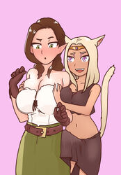 1futa 1girls blonde_hair breast_grab brown_hair bulge cat_ears cat_tail clothed dark_skin dickgirl elf female final_fantasy final_fantasy_xiv fumophu11 futa_on_female futa_with_female futanari green_eyes l'fah_morcant miqo'te original original_character purple_eyes