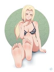 1girls bangs bare_shoulders barefoot big_breasts bikini blonde_hair breasts brown_eyes cleavage collarbone facial_mark feet female female_only foot_fetish foot_focus foot_worship forehead_mark knee_up konohagakure_symbol lipstick looking_at_viewer lululewd makeup nail_polish naruto naruto_(series) naruto_shippuden sitting smile soles solo swimsuit tied_hair toes tsunade twintails