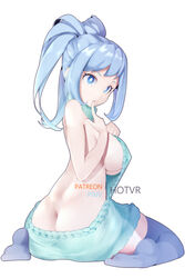 1girls ass ass_cleavage ass_crack back_view backless backless_outfit big_breasts blue_eyes blue_hair breasts butt_crack clothing female female_focus female_only finger_to_mouth from_behind hotvr kneeling light_blue_hair long_hair looking_at_viewer looking_back my_hero_academia nejire_hado no_bra no_panties no_underwear on_knees revealing_clothes sideboob simple_background sitting solo solo_female solo_focus stockings sweater thick_thighs tied_hair virgin_killer_sweater white_background