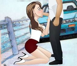 1boy 1girls :>= background blowjob brown_hair faceless_male fellatio female high_heels initial_d kneeling konashion long_hair oral petite red_skirt sayuki sayuki_(initial_d) slim super_deepthroat_game white_hair white_tank_top