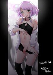 1boy alley back_alley binbinsuke binto_(artist) censored censored_penis crossdressing femboy male male_only mosaic_censoring pink_hair showing_off showing_penis solo trap