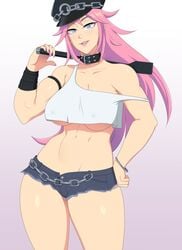 accessory blue_eyes chains collar cutoffs female hikikomoriamy lipstick nail_polish pink_hair poison_(final_fight) riding_crop shorts simple_background smile stomach street_fighter thighs underboob