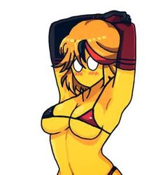 big_breasts bikini bikini_top black_hair flush gloves red_hair white_eyes yellow_skin